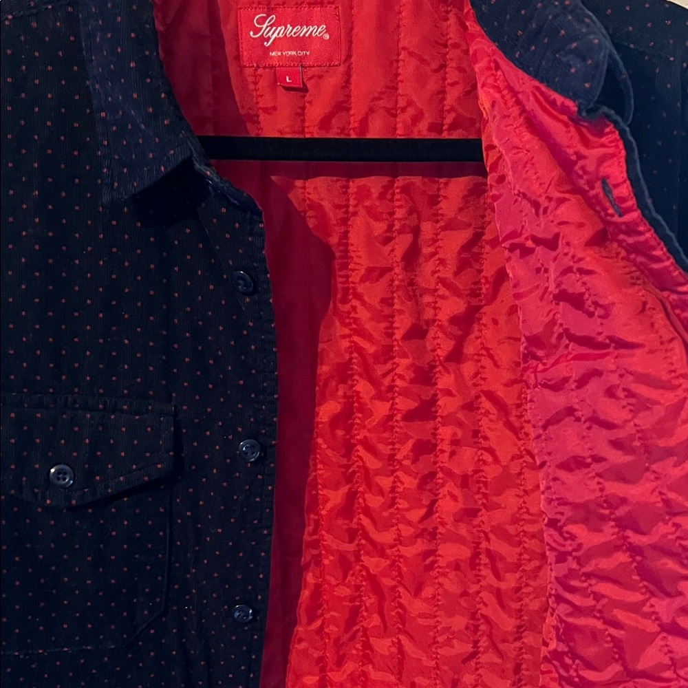 SUPREME QUILTED CORDUROY POLKA DOT SHIRT NAVY RED DOTS FW13 SIZE LARGE - Picture 3 of 12